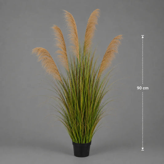 Planta Artificiala Iarba Ornamentala, 90 cm, cu 5 Fire, Stuf si Iarba, Verde Tomnal, Fara Ghiveci