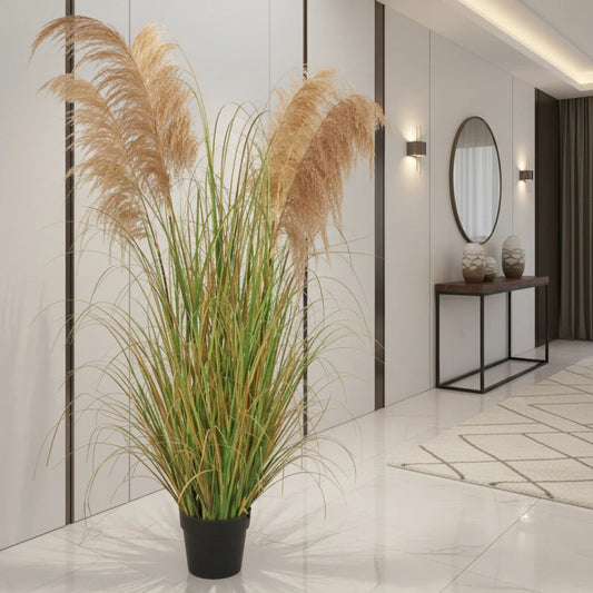 Planta Artificiala Iarba Ornamentala, 170cm, cu 7 fire, Stuf si Iarba, Verde Tomnal, Fara Ghiveci