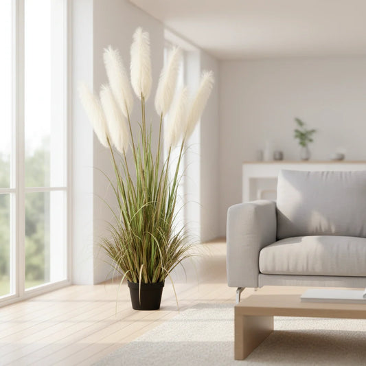 Planta Artificiala Iarba Ornamentala, 220cm, cu 7 fire, Stuf si Iarba, Verde si Alb, Fara Ghiveci