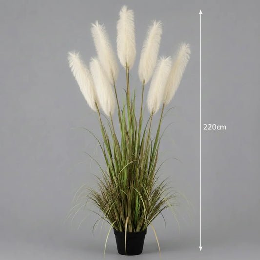 Planta Artificiala Iarba Ornamentala, 220cm, cu 7 fire, Stuf si Iarba, Verde si Alb, Fara Ghiveci
