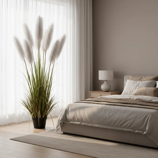 Planta Artificiala Iarba Ornamentala, 220cm, cu 7 fire, Stuf sj Iarba, Verde si Gri, Fara Ghiveci