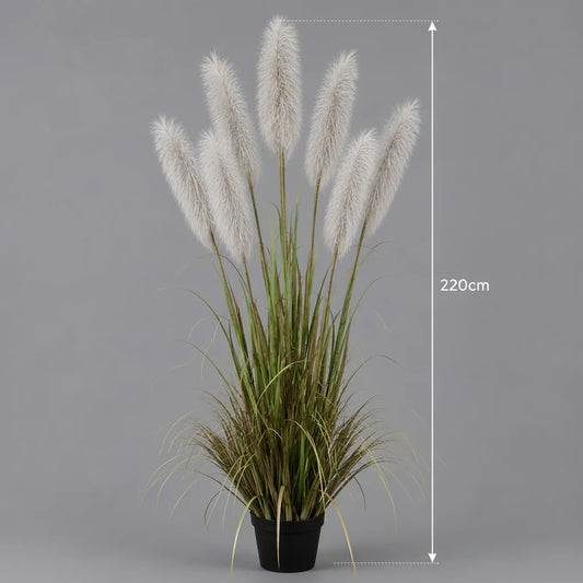 Planta Artificiala Iarba Ornamentala, 220cm, cu 7 fire, Stuf sj Iarba, Verde si Gri, Fara Ghiveci