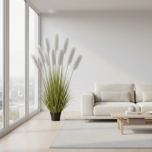 Planta Artificiala Iarba Ornamentala, 240cm, cu 9 fire, Stuf si Iarba, Verde si Gri, Fara Ghiveci