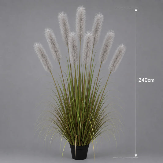 Planta Artificiala Iarba Ornamentala, 240cm, cu 9 fire, Stuf si Iarba, Verde si Gri, Fara Ghiveci