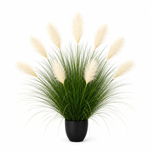 Planta Artificiala Iarba Ornamentala, 110 cm, 9 tulpini, Stuf si Iarba, Verde deschis si alb, Fara Ghiveci