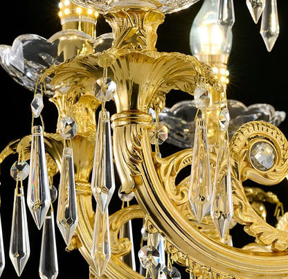 Candelabru Cristal 9xE14, D68cm, Auriu Lucios, Inaltime Reglabila, Metal si Cristal