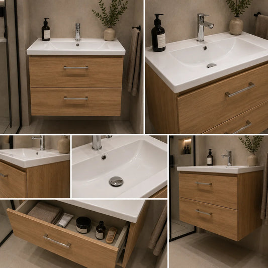 Set Mobilier CELO pentru Baie, Dulap Lavoar, 2 Sertare, Alb si Maro