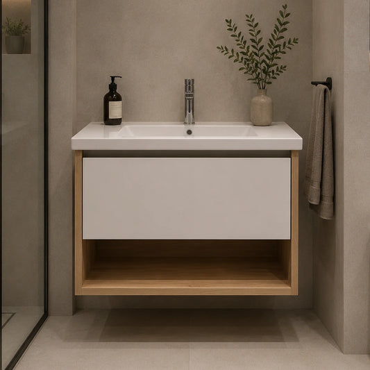 Set Mobilier VALO pentru Baie, Dulap Lavoar, 1 Sertar, Alb si Maro