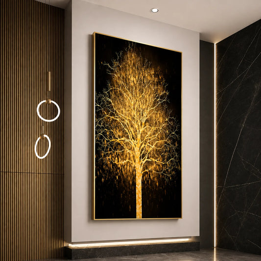 Tablou Decorativ cu Iluminare LED Arbore Auriu, 60 x 120 cm, 24W, Lumina Neutra, Aliaj de Aluminiu si MDF