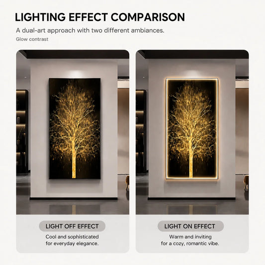 Tablou Decorativ cu Iluminare LED Arbore Auriu, 60 x 120 cm, 24W, Lumina Neutra, Aliaj de Aluminiu si MDF