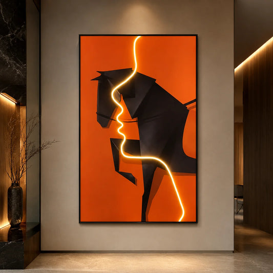 Tablou Decorativ cu Iluminare LED Calul de Foc, 60 x 80 cm, 24W, Lumina Neutra, Aliaj de Aluminiu si MDF