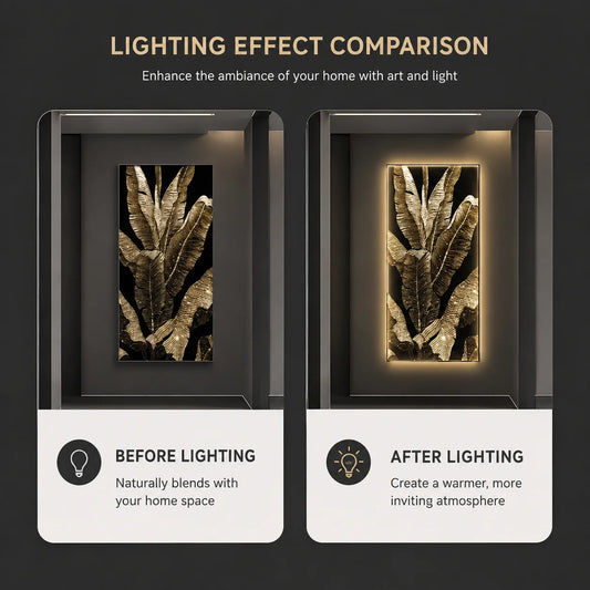 Tablou Decorativ cu Iluminare LED Frunze de Bananier, 80 x 160 cm, 24W, Lumina Neutra, Aliaj de Aluminiu si MDF