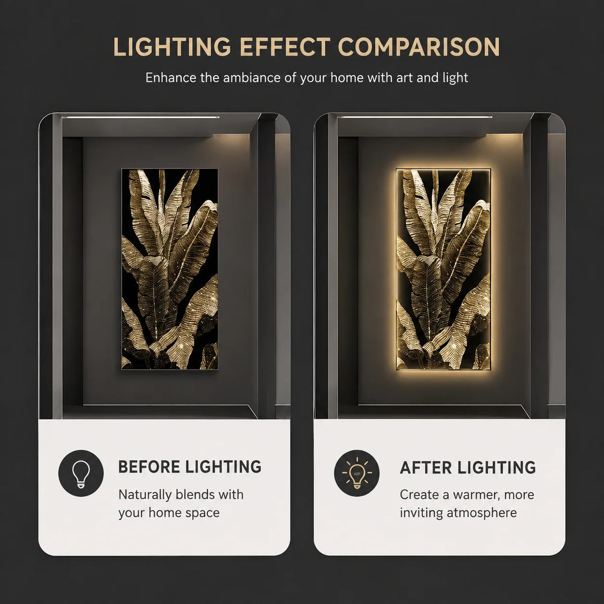 Tablou Decorativ cu Iluminare LED Frunze de Bananier, 80 x 160 cm, 24W, Lumina Neutra, Aliaj de Aluminiu si MDF