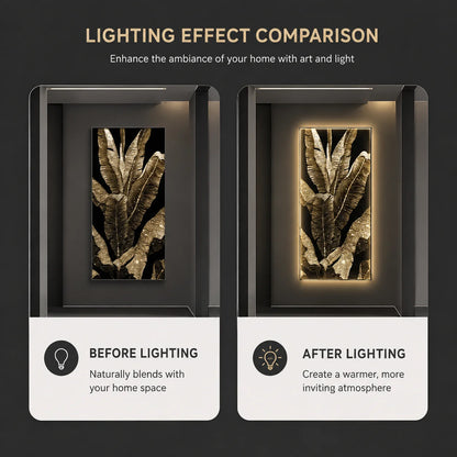 Tablou Decorativ cu Iluminare LED Frunze de Bananier, 80 x 160 cm, 24W, Lumina Neutra, Aliaj de Aluminiu si MDF