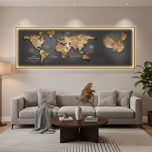 Tablou Decorativ cu iluminare LED Harta a Lumii, 120 x 60 cm, 24W, Lumina Neutra, Aliaj de Aluminiu si MDF