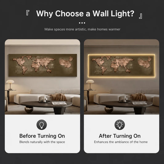Tablou Decorativ cu iluminare LED Harta a Lumii, 120 x 60 cm, 24W, Lumina Neutra, Aliaj de Aluminiu si MDF