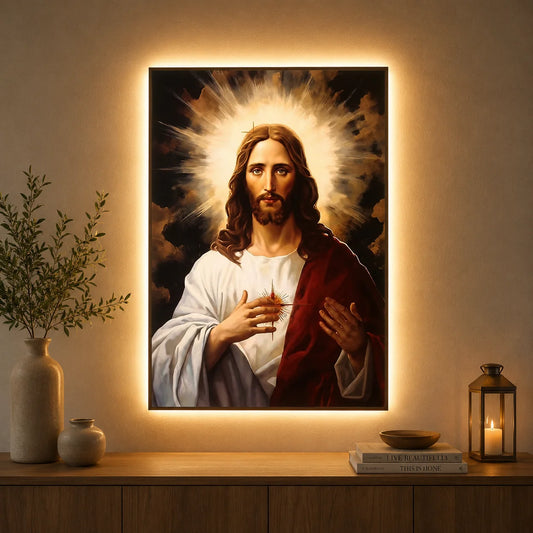 Tablou Decorativ cu iluminare LED Inima Sacra a lui Iisus, 60 x 80 cm, 24W, Lumina Neutra, Aliaj de Aluminiu si MDF