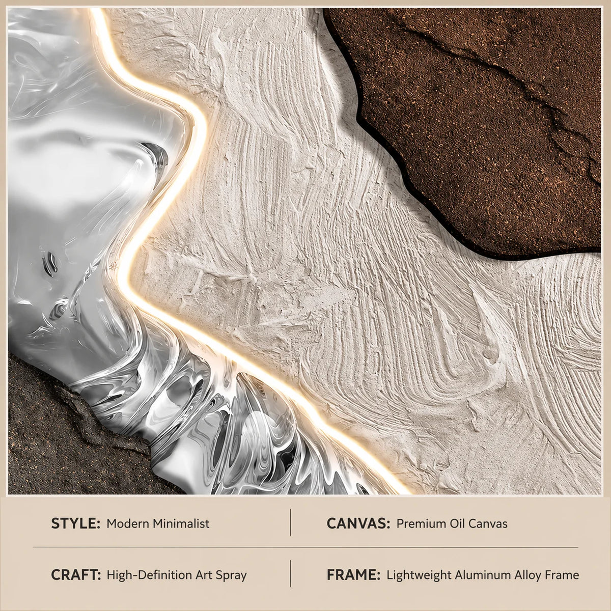 Tablou Decorativ cu Iluminare LED Raul de Aur, 80 x 120 cm, 24W, Lumina Neutra, Aliaj de Aluminiu si MDF