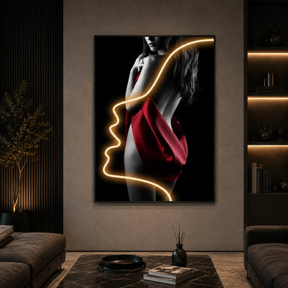 Tablou Decorativ cu Iluminare LED Silueta in Rosu, 60 x 80 cm, 24W, Lumina Neutra, Aliaj de Aluminiu si MDF