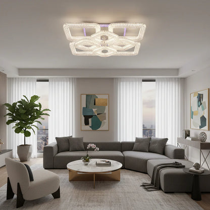 Lustra LED RENATO Magno cu telecomanda si cristal, 128W, 8 Patrate, Lumina Rece/Calda/Neutra, Dimabila, Alb