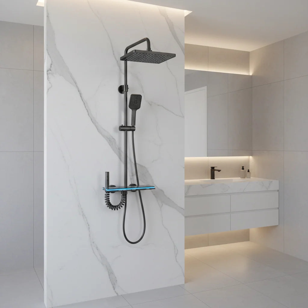 Coloana de dus MARX II, Metal, Para Patrata, Efect Ploaie, 3 Functii, Montare Pe Perete, Negru, Accesorii Incluse