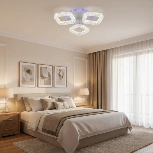 Lustra LED RENATO Nobile cu telecomanda si cristal, 39W, 3 Patrate, Lumina Rece/Calda/Neutra, Dimabila, Alb