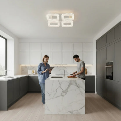 Lustra LED RENATO Nobile cu telecomanda si cristal, 54W, 4 Patrate, Lumina Rece/Calda/Neutra, Dimabila, Alb