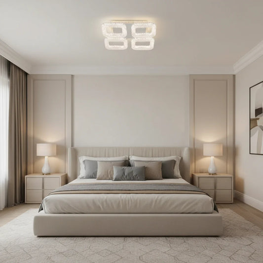 Lustra LED RENATO Nobile cu telecomanda si cristal, 54W, 4 Patrate, Lumina Rece/Calda/Neutra, Dimabila, Alb