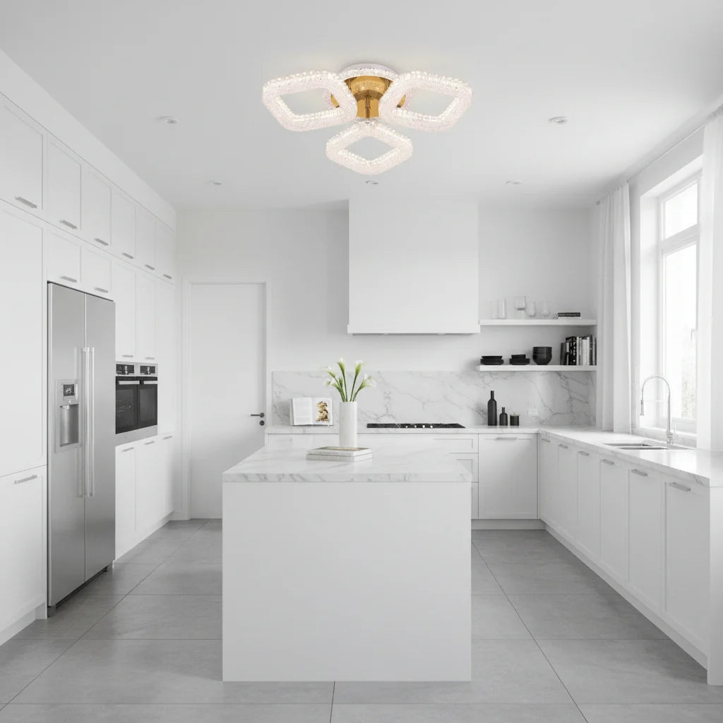 Lustra LED RENATO Nobile cu telecomanda si cristal, 39W, 3 Patrate, Lumina Rece/Calda/Neutra, Dimabila, Auriu