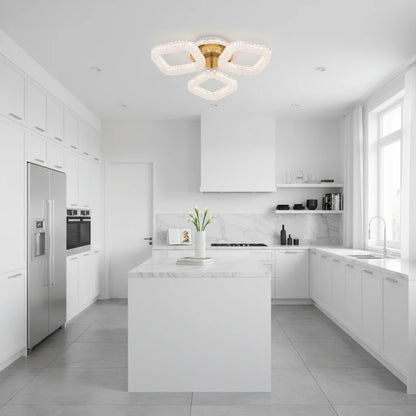 Lustra LED RENATO Nobile cu telecomanda si cristal, 39W, 3 Patrate, Lumina Rece/Calda/Neutra, Dimabila, Auriu