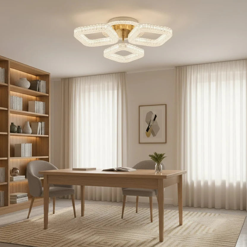 Lustra LED RENATO Nobile cu telecomanda si cristal, 39W, 3 Patrate, Lumina Rece/Calda/Neutra, Dimabila, Auriu