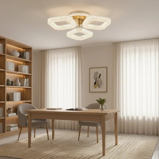 Lustra LED RENATO Nobile cu telecomanda si cristal, 39W, 3 Patrate, Lumina Rece/Calda/Neutra, Dimabila, Auriu