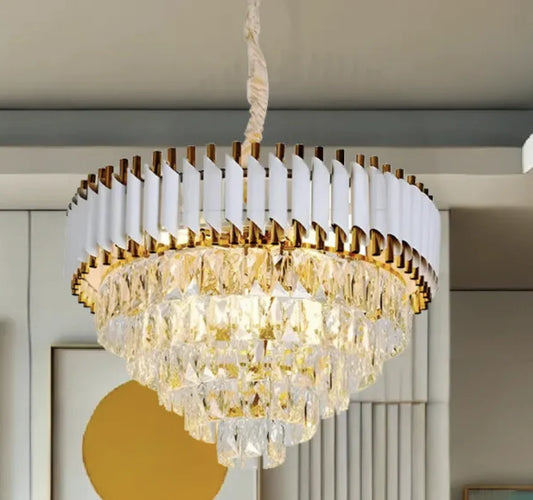 Candelabru Cristal VERSAILLES Supremo 12xE14, Diametru 80cm, Auriu Lucios si Alb, Inaltime Reglabila
