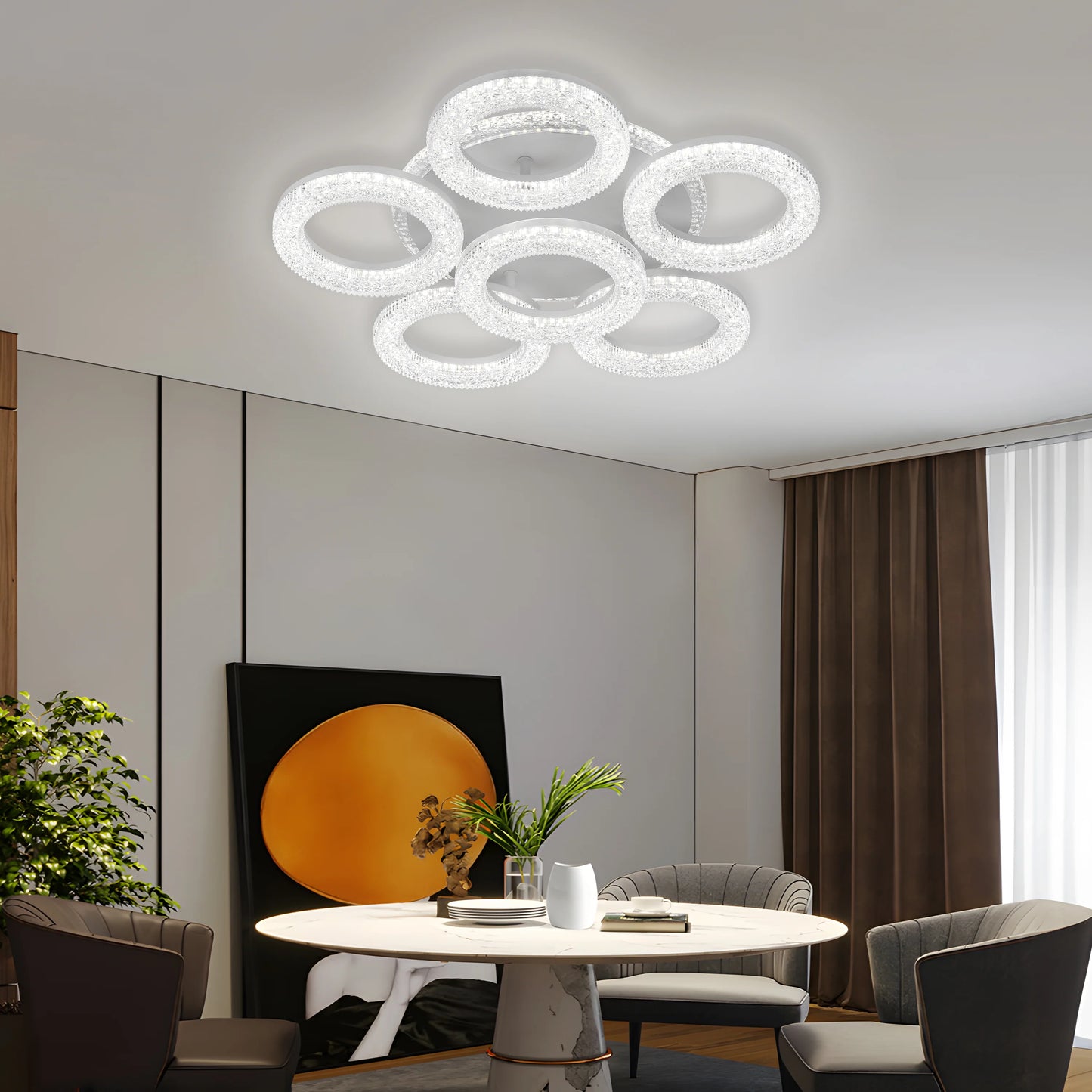 Lustra LED FREJA cu Telecomanda, 90W, 3000K/4000K/6000K, Dimabil, Alb, Cristale, 6 Cercuri