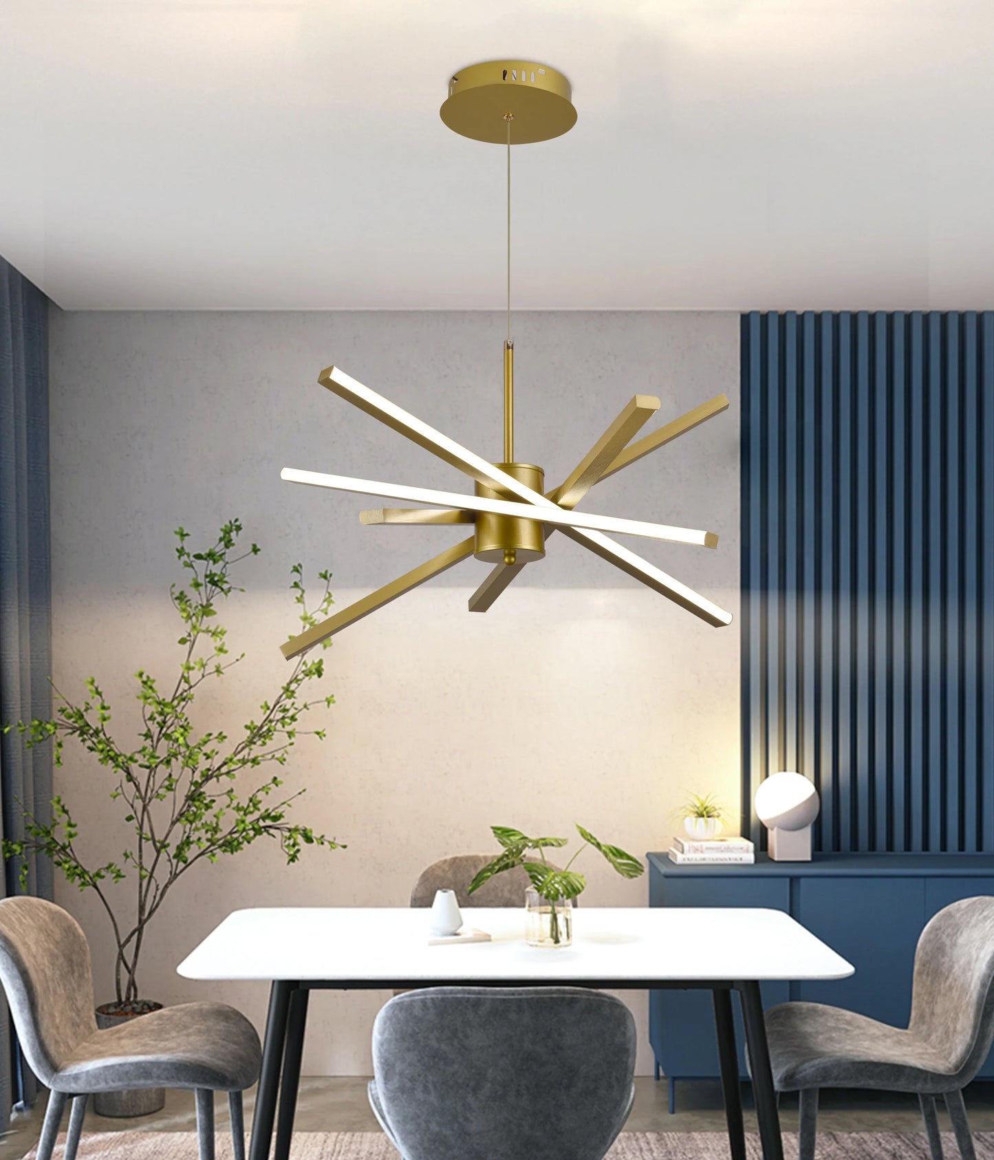 Lustra LED cu Telecomanda LT176/5GD, 69W, 5 Elemente, Lumina Rece/Clada/Neutra 3000K/4000K/6000K, Dimabila, Auriu, Inaltime Reglabila, Metal si Acril