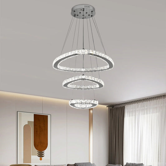 Lustra LED suspendata cu telecomanda si cristal LLC131/3CH 61W, 3 Cercuri, lumina Rece/Calda/Neutra, Dimabila, Crom Lucios, Inaltime Reglabila