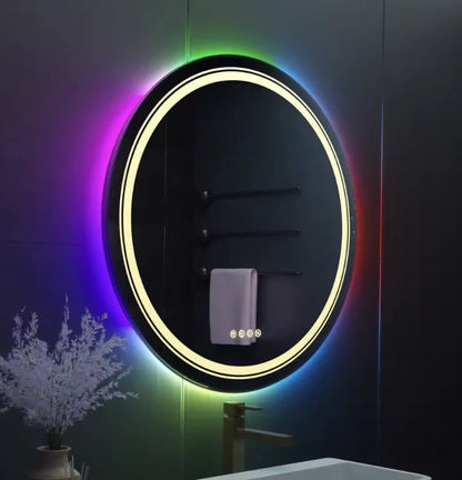 Oglinda LED Rotunda, 60cm, Celeste MotionGlow Marcello, Lumina RGB, Boxa Bluetooth, Sistem Dezaburire, Ceas & Termometru, Dimabila 60X60BTRGB