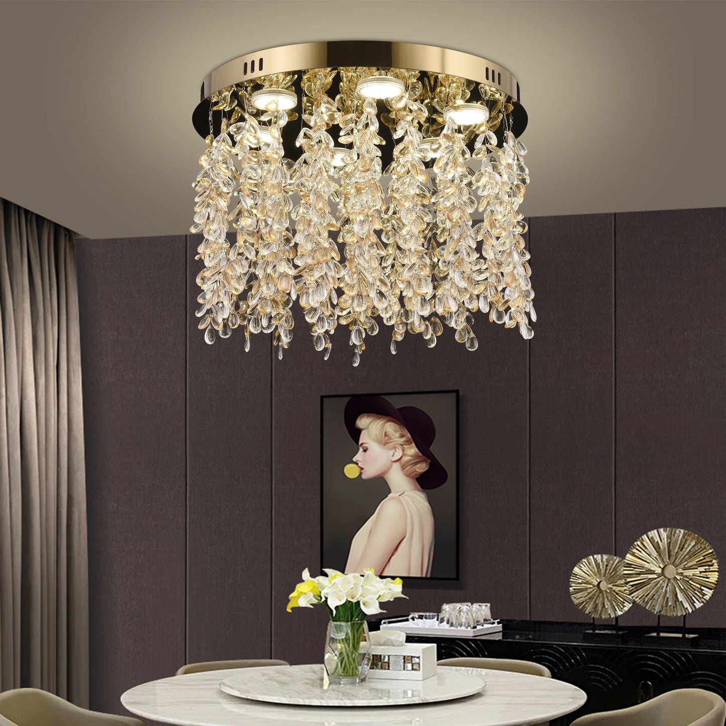 Candelabru LED Cristal LLC213/400GD Rotund, 22W, Lumina Rece/Calda/Neutra, Cristal, Auriu