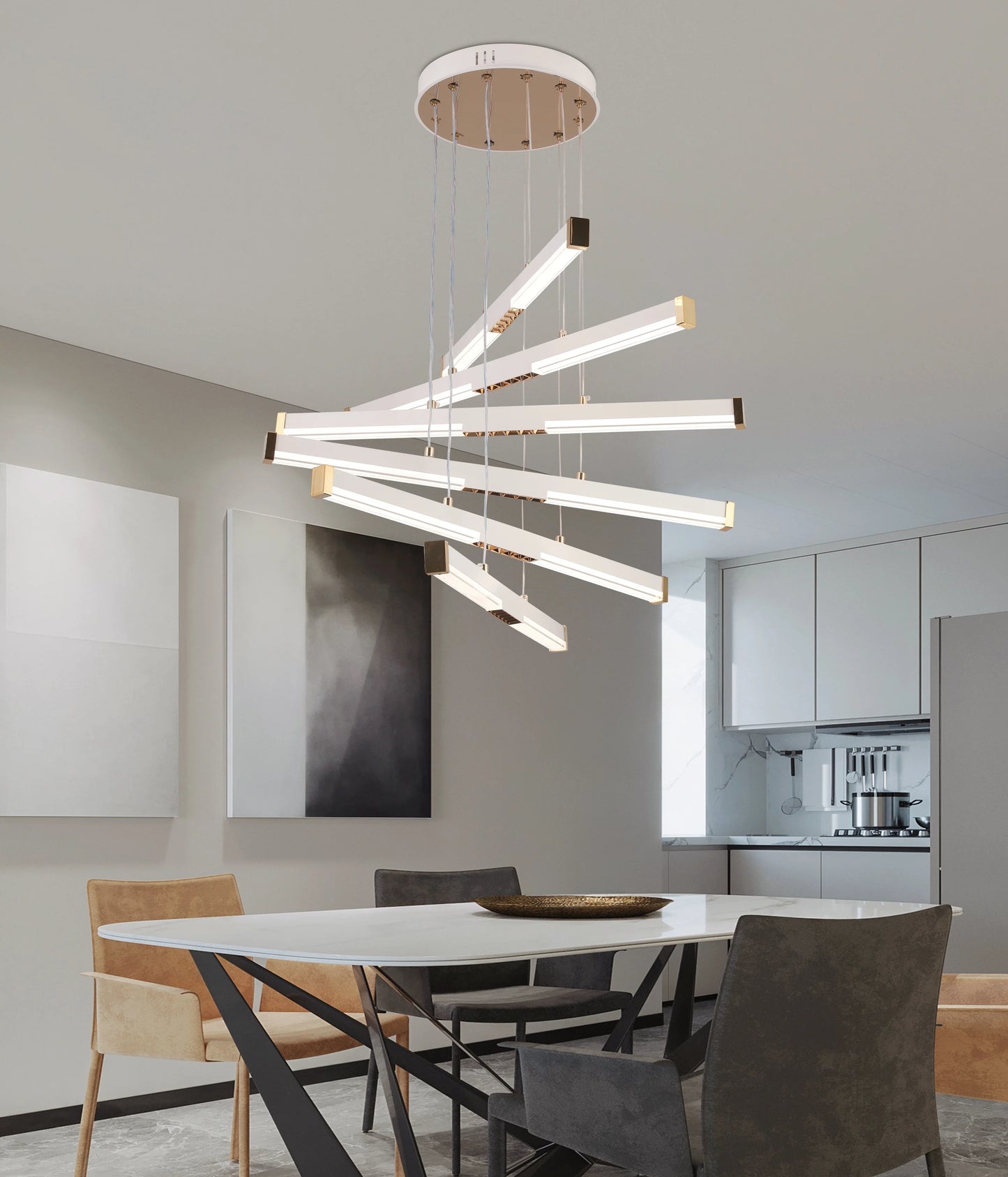 Lustra LED Suspendata Acril LT183/5WH, 69W, Lumina 3000/4000/6000K, Alb, Inaltime Reglabila