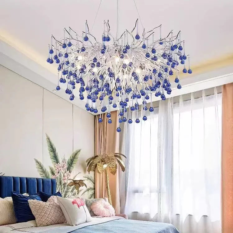 Candelabru Cristal CC335/600CH, 9x G9, Crom si Cristale Albastre, 60cm, Inaltime Reglabila