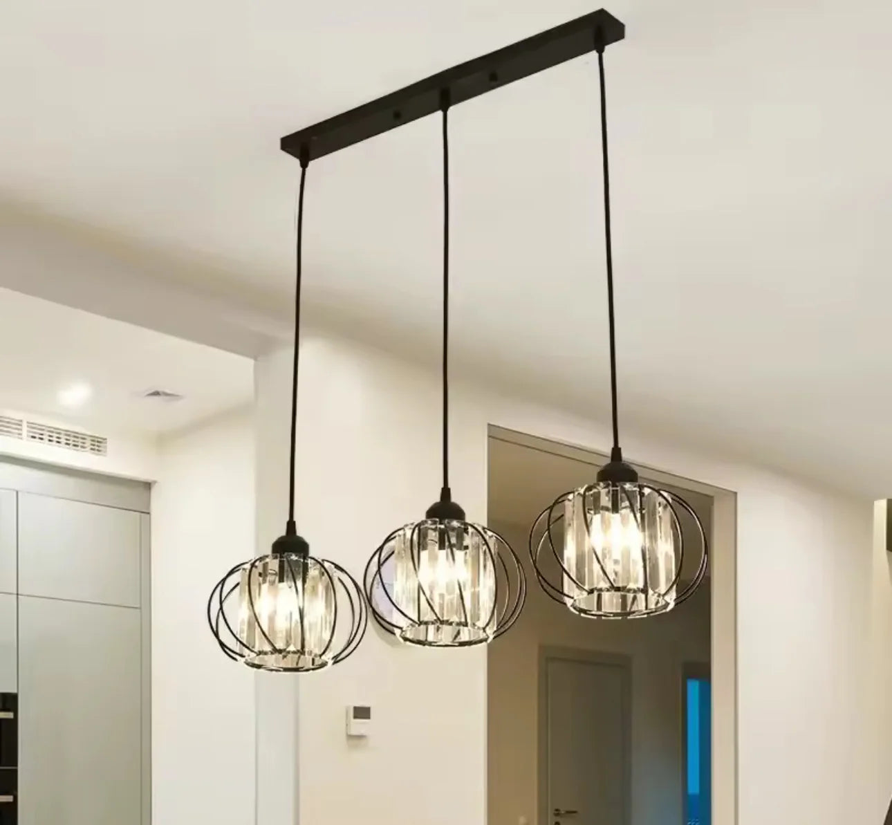 Lustra Clasica Moderna, Suspendata, Monica LC910/3LBK, 3 X E27, Negru, Metal si Sticla, Inaltime Reglabila