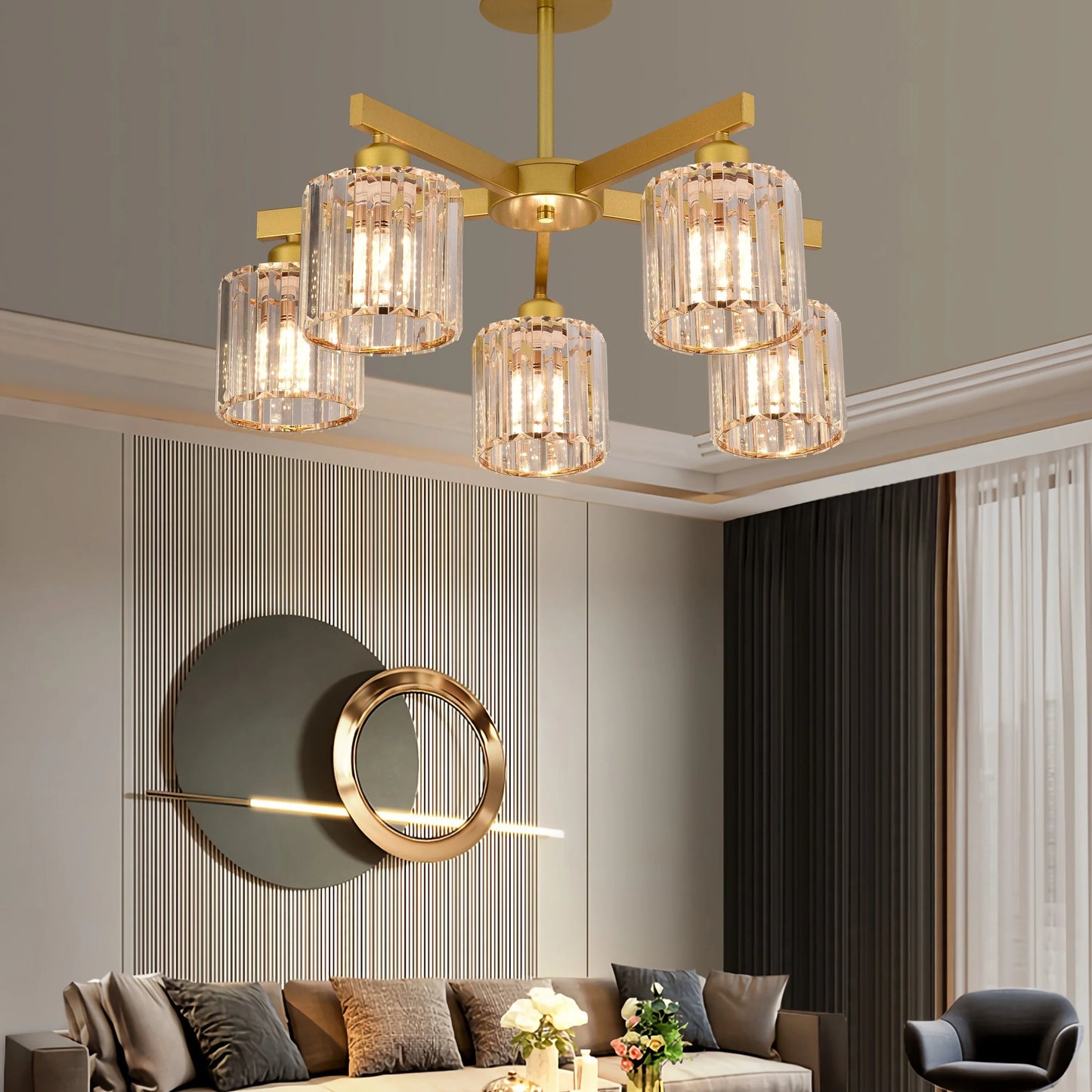 Lustra Clasica Moderna LC110/5GD cu Cristal, 5xE27, Auriu, Metal si Cristal
