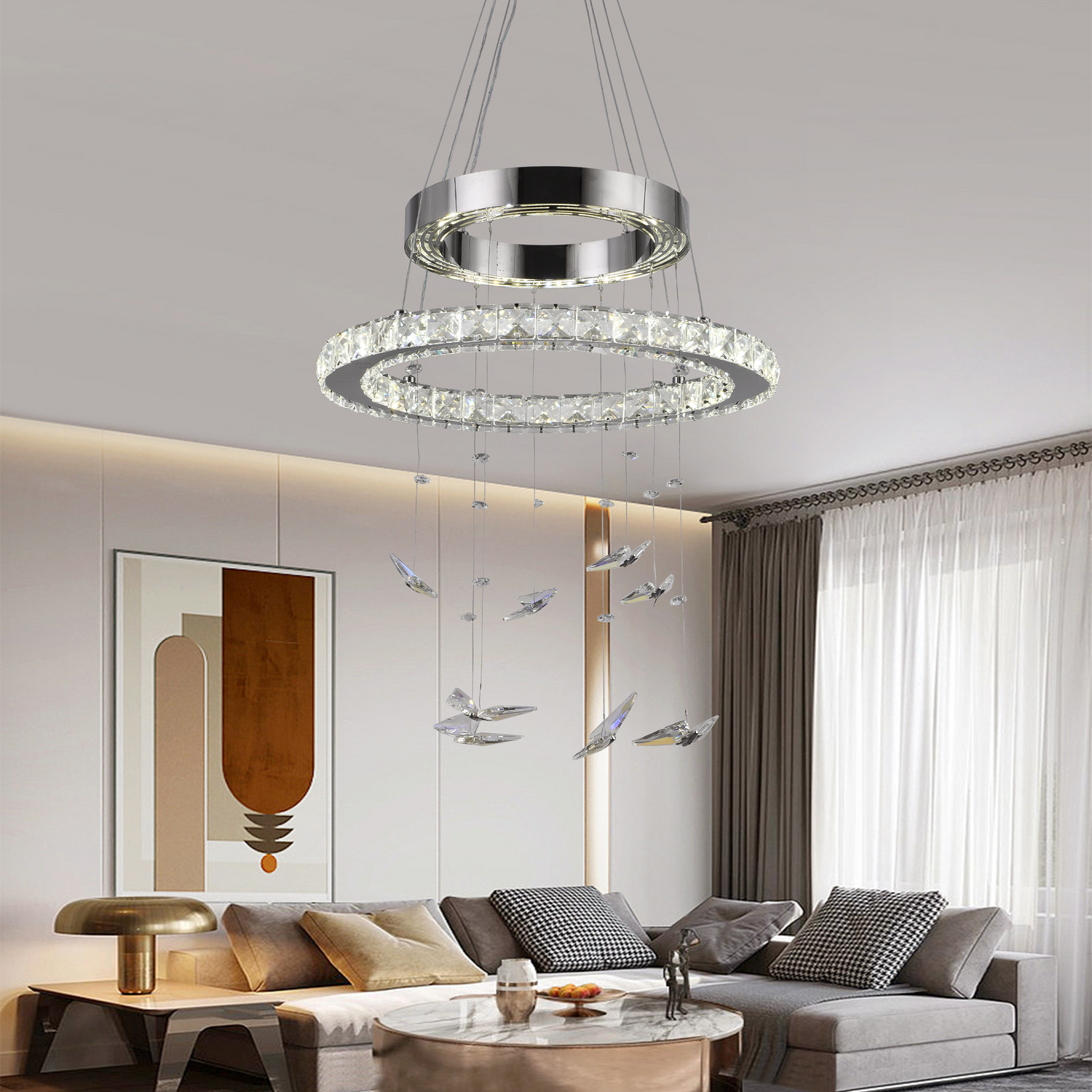 Lustra LED suspendata cu telecomanda si cristal 37W, 2 Cercuri, lumina Rece/Calda/Neutra, Dimabila, Crom Lucios, Inaltim