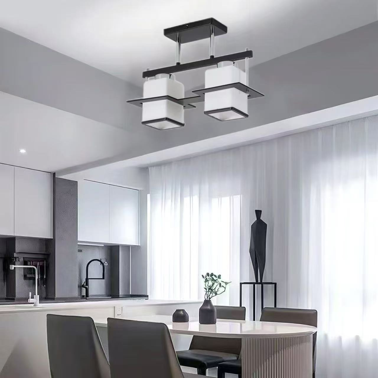 Lustra Clasica Aramis cu Lemn Abajur Patrat 2 X Dulie E27 Alb Negru