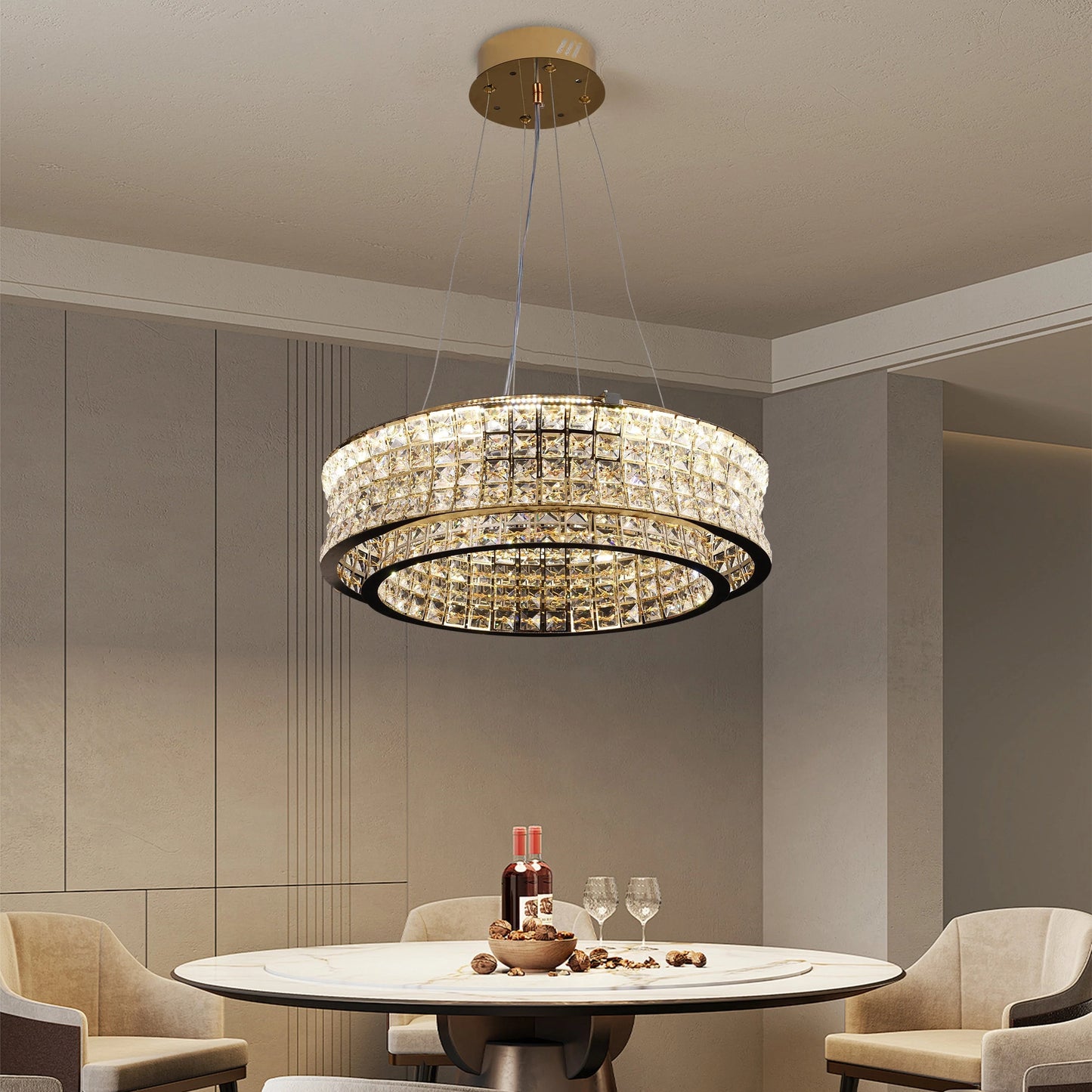 Lustra LED cu Telecomanda,LLC160/500GD, Cristal si Metal, 55W, Dimabila, Inaltime Reglabila, Lumina Rece/Calda/Neutra, Iluminat Luxos
