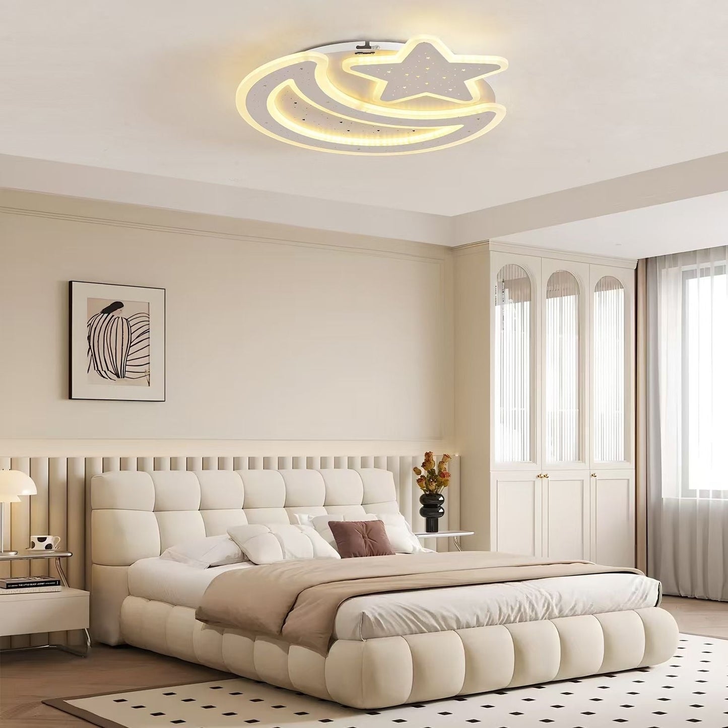 Lustra LED Luna si Stea RGB cu telecomanda Coralia 80W Lumina Rece/Calda/Neutra Dimabila Alb