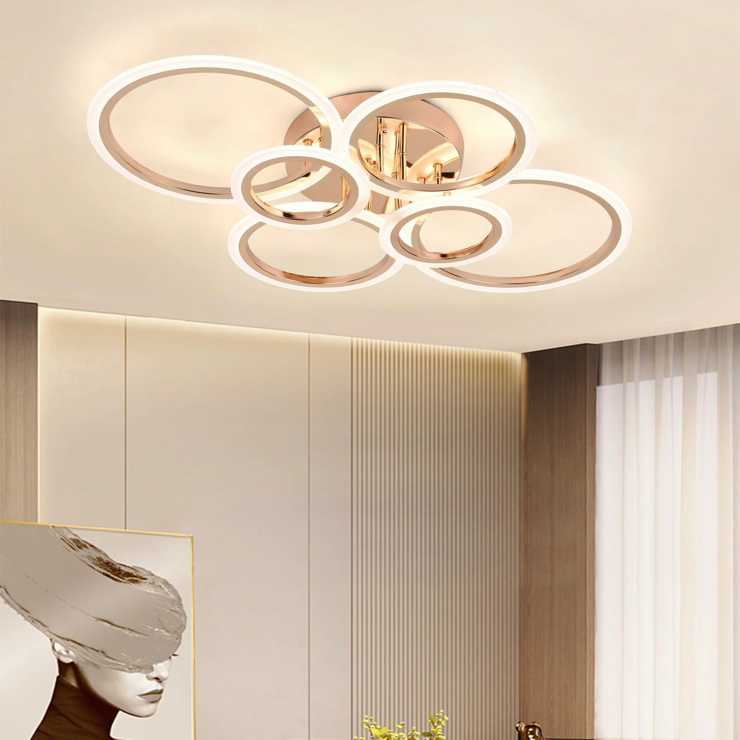 Lustra LED cu telecomanda BETTY 82W, 6 Cercuri, lumina Rece/Calda/Neutra, Dimabila, Auriu Lucios