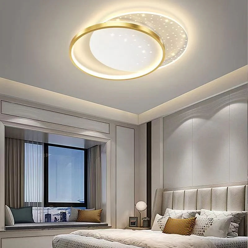 Lustra LED cu telecomanda LUNARO 38W, 2 Cercuri, lumina Rece/Calda/Neutra, Dimabila, Auriu Alb
