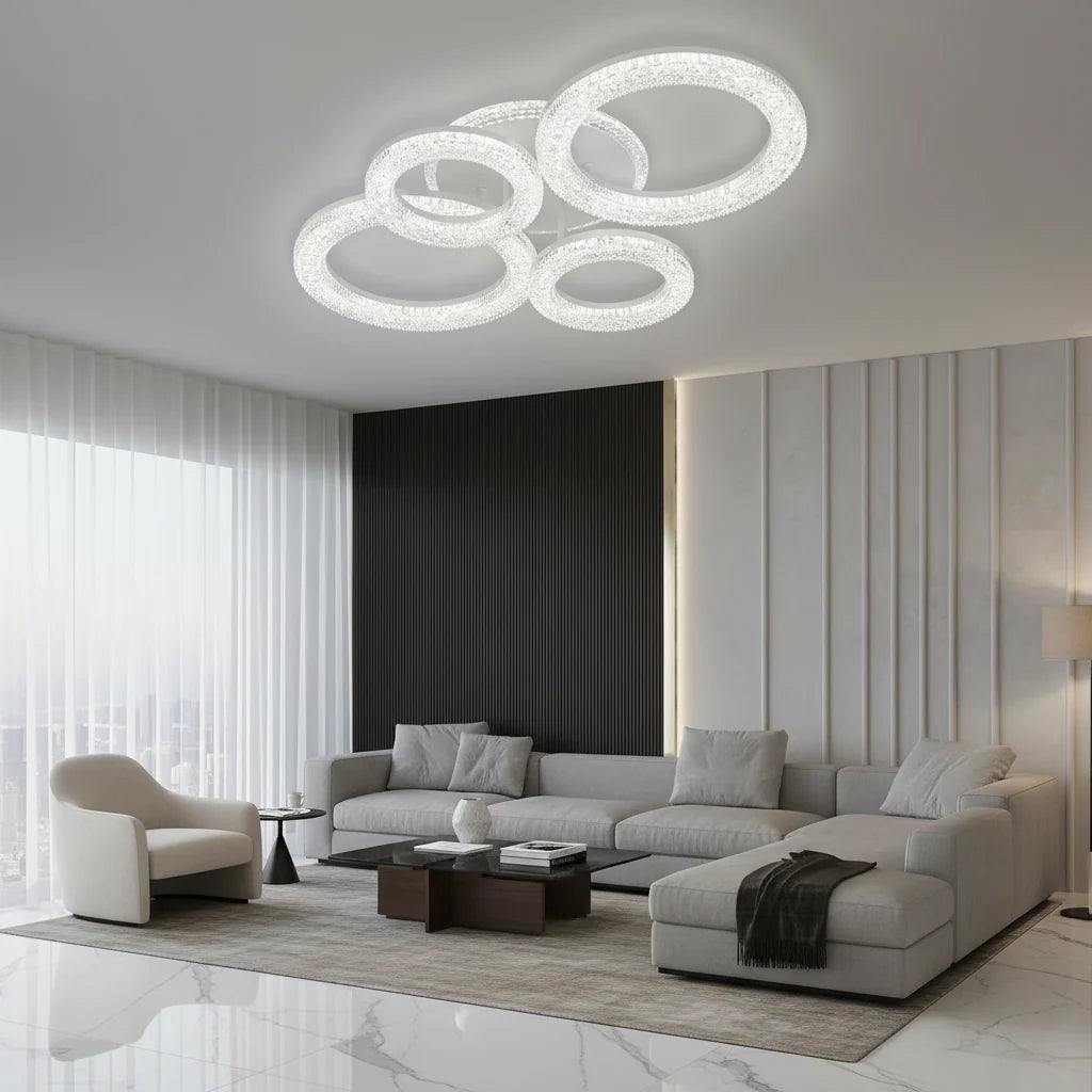 Lustra LED Linnea cu Telecomanda, 75W, 3000K/4000K/6000K, Dimabil, Alb, Cristale