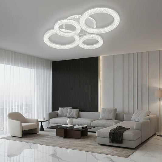 Lustra LED Linnea cu Telecomanda, 75W, 3000K/4000K/6000K, Dimabil, Alb, Cristale